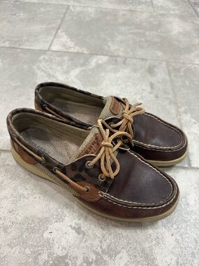 Sperry Brown Leather & Leopard Accent Boat Shoes- 7.5